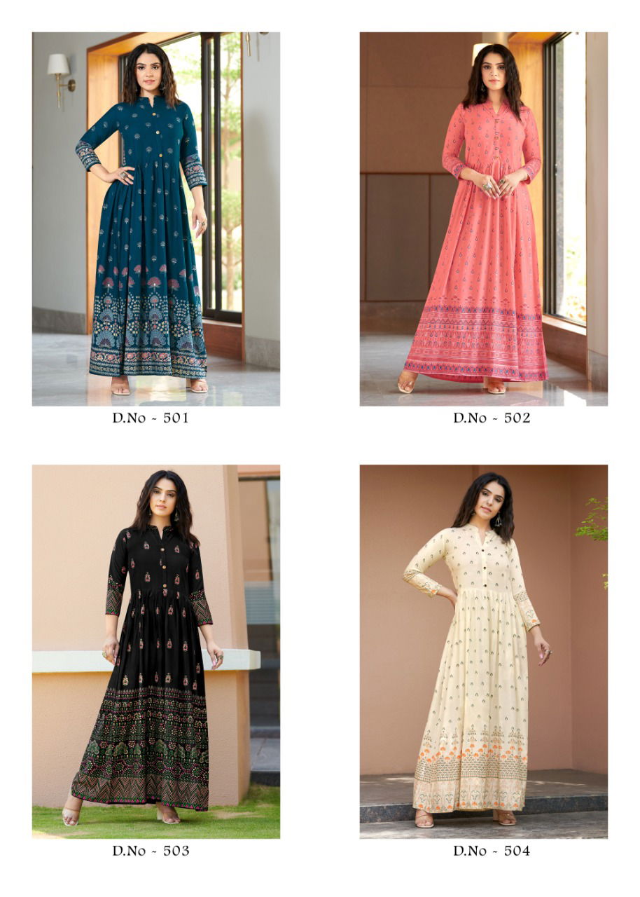 Rangjyot Sehnaaz 5 Fancy Ethnic Wear Rayon Printed Long Anarkali Kurti Collection